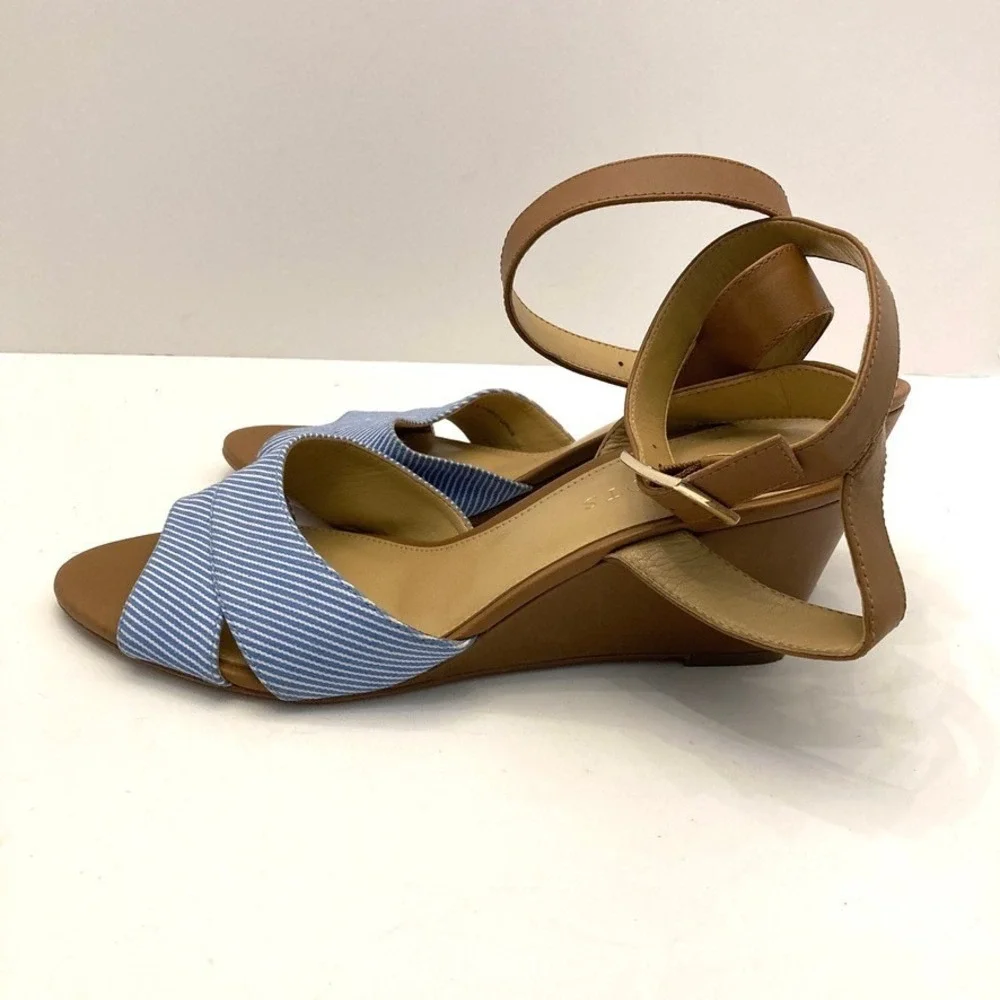 Talbots Vivian Blue Striped Sandal Tan Leather Ankle Strap Womens 8.5 Wedge Heel